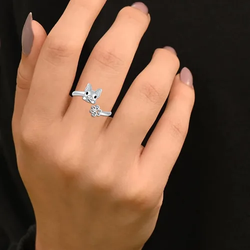 Vista 4 de Senpotly Anillo de plata de ley 925 con diseño de perro francés para mujer, ajustable, con diseño de pata de cachorro, para adolescentes y niñas