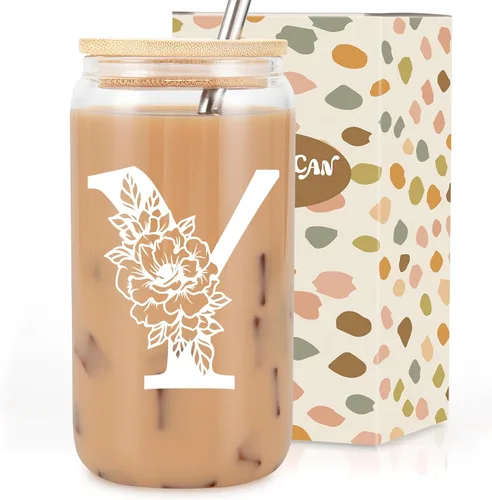 Vista 27 de Taza de Vidrio Inicial Coolife, Regalos Personalizados para Mujeres, Tazas de Vidrio de 16 oz con Tapas y Popotes, Taza para Café Helado, Licuado