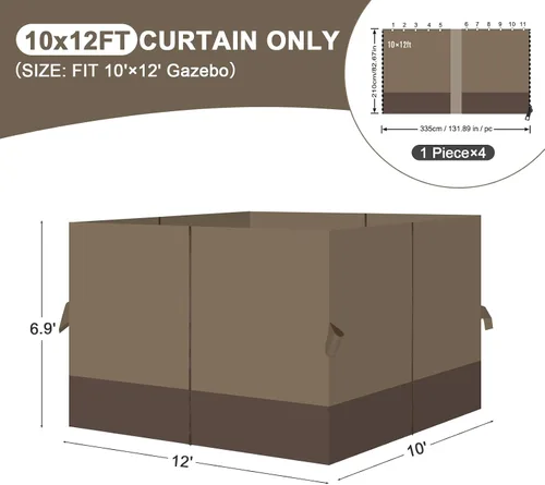 Vista 4 de Aoodor Cortinas de glorieta para exteriores de 10 x 12 pies, 4 paneles impermeables de repuesto para pared lateral de privacidad con cremallera