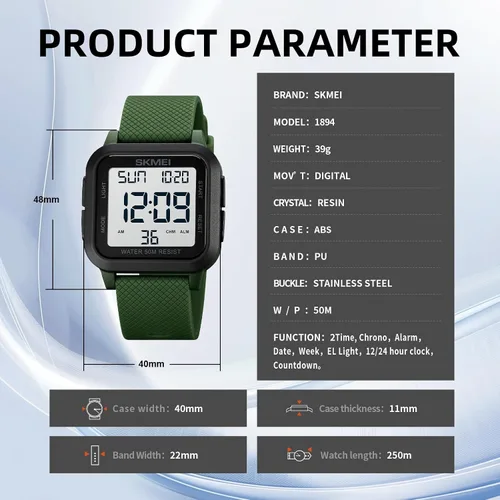 Vista 7 de SKMEI Reloj deportivo digital para hombre, ultrafino, grande, impermeable, con cronómetro, temporizador de cuenta regresiva, función de alarma, luz