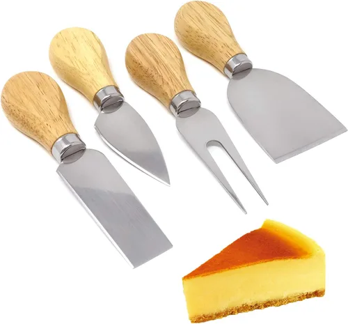 Vista 4 de Honbay Juego de 4 cuchillos de queso de acero inoxidable de viaje, cortadores de queso, cuchillos de queso con mango de madera para mantequilla