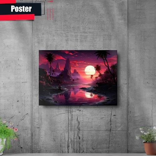 Vista 2 de Neon Sunset Vibes Florida Synthwave Sunset Framed poster Print, Retro Miami Style Wall Art, poster, Art Decor