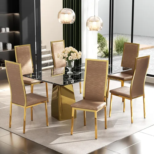 Vista 26 de Juego de 2 sillas de comedor modernas, piel sintética negra con patas de metal dorado cromado, diseño de respaldo alto curvo y acolchado tipo nube