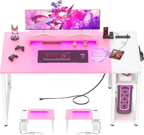 Vista 11 de Armocity Escritorio para computadora con luces LED, escritorio de juegos con toma de corriente y USB, mesa reversible para laptop 40 con soporte