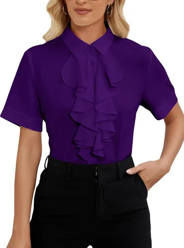 Vista 11 de Vrtige Women's Ruffle Front Collar Neck Button Down Short Sleeve Blouse Shirt Top