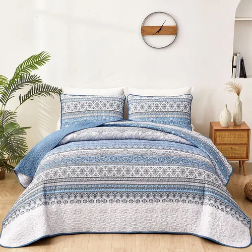 Vista 15 de WONGS BEDDING Juego de edredón bohemio tamaño individual, juego de ropa de cama azul bohemio individual, colcha de microfibra ligera con funda