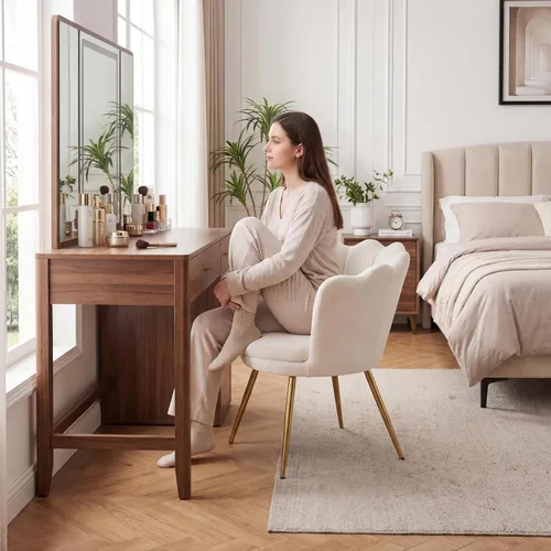 Vista 4 de chairus Silla de tocador de maquillaje blanca crema con respaldo, pequeña silla moderna tapizada de terciopelo con patas de metal dorado, bonita