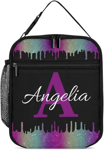 Vista 14 de Bolsa de almuerzo con nombre personalizado para hombres y mujeres, con monograma de purpurina azul, hielera, portátil, con nombre, para niñas