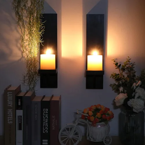 Vista 2 de OwnMy 2 apliques de vela de pared de madera, candelabros rústicos de Negro