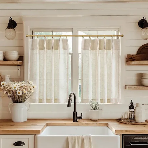 Vista 32 de Jinchan - Cortinas de cocina de lino rústico beige con bolsillo para barra, 26 x 36 pulgadas, 2 paneles