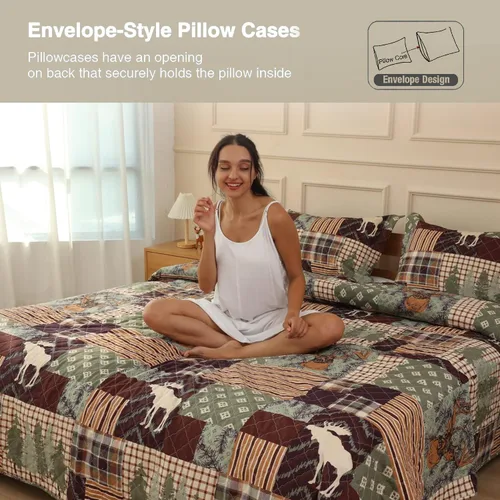 Vista 2 de Hailea Juego de ropa de cama de tamaño individual, juego de edredón rústico de cabaña de alce con funda de almohada, suave, reversible, para todas