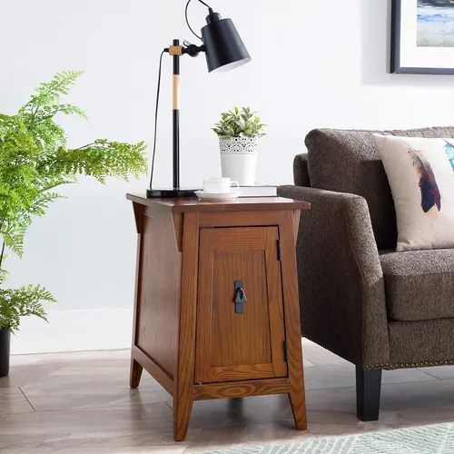Vista 18 de Leick Home Laurent 10537 - Mesa auxiliar con lámpara, madera maciza, con cajón y estante, cereza chocolate