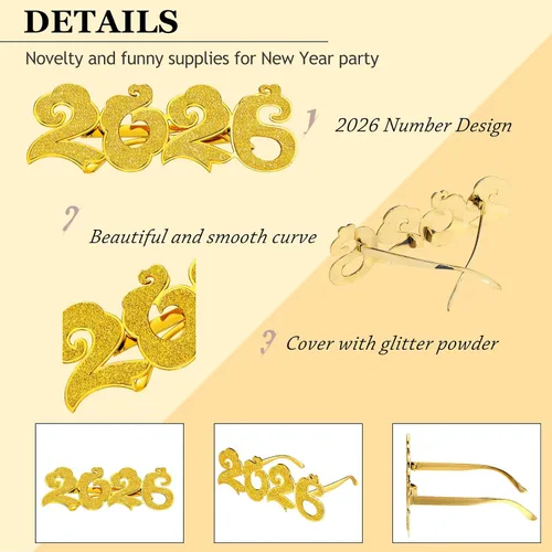 Vista 6 de 6 pares de anteojos de Nochevieja 2026 con purpurina número de lentes para fiesta 2026, divertidos lentes de sol novedosos para celebración de Año