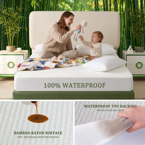 Vista 2 de Protector de colchón impermeable tamaño individual – Funda de colchón de viscosa de bambú refrescante, tela de aire 3D silenciosa, bolsillo profundo
