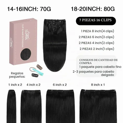 Vista 2 de SUYYA Extensiones de cabello humano real con pinzas, 7 piezas de extensiones de cabello humano Remy liso con clip, para mujer, doble trama, 12 #1