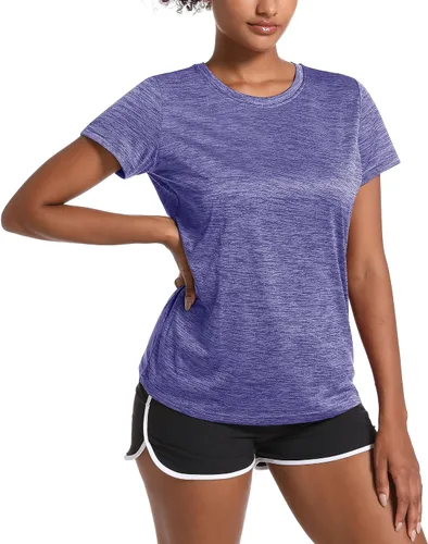 Vista 3 de MAGCOMSEN Camisetas de entrenamiento para mujer, cuello redondo, manga corta, ligeras, suaves, para deportes, fitness, ejercicio, yoga