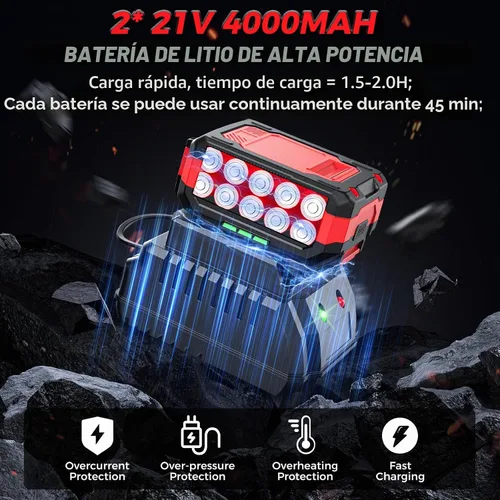 Vista 4 de Llave de impacto inalámbrica, 1200 Nm (900 pies-libras) Pistola de impacto sin escobillas de 1/2 pulgada, baterías de 2 x 4.0 AH motor de impacto