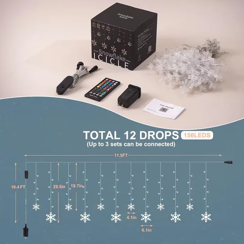 Vista 5 de Luces de Navidad inteligentes de copo de nieve, 156 luces LED de 12 gotas de 3.5 m, enchufe, control remoto por aplicación con 16 millones