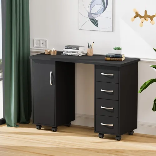Vista 7 de OmySalon Mesa de Manicura con Gabinete, Cajones, Ruedas y Reposamuñecas, Estación de Trabajo de Madera para Salón de Spa y Belleza, Equipo de Arte