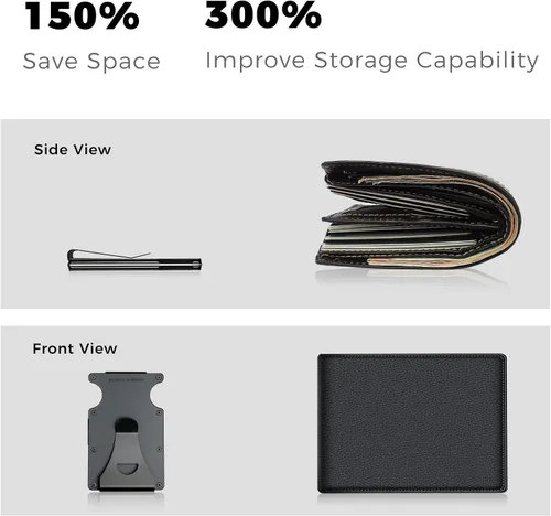 Vista 4 de MONOCARBON Cartera delgada minimalista con bolsillo frontal con bloqueo RFID, clip de dinero para tarjetas de crédito, acero manganeso, Negro