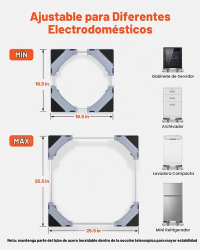 Vista 2 de VEVOR Soporte para Mini Nevera, Carrito Ajustable de 16''-25'' Base para Lavadora con 4 Pies Resistentes, 4 Ruedas Giratorias con Bloqueo, Base
