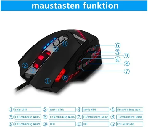 Vista 7 de zelotes Professiona - Mouse para juegos con cable, 4800 DPI, 12 botones programables, ajuste de peso, alta precisión, retroiluminación multimodos