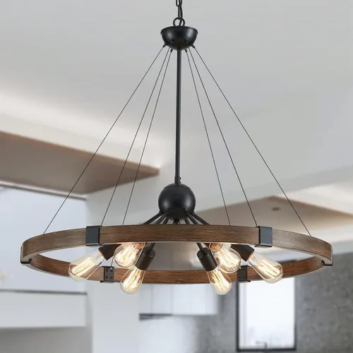 Vista 11 de XINGQI Lámpara de araña grande de 38 pulgadas con ruedas de carro, moderna lámpara colgante de níquel cepillado, 8 luces rústicas para comedor, sala