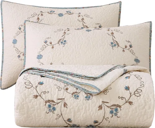 Vista 9 de vctops - Juego de colcha de 3 piezas, elegante, con bordado floral, de tamaño individual, 100% algodón, reversible y de retazos, 1 colcha y 2 fundas