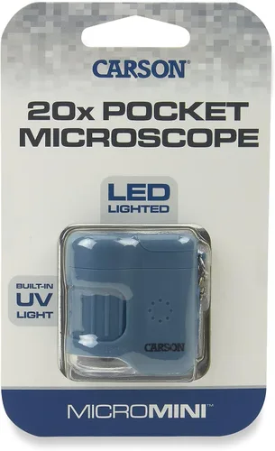 Vista 3 de Carson MicroMini 20x Microscopio de bolsillo para adultos, linterna UV y LED, azul (MM-280B) Linterna integrada con luz UV y LED - Herramienta