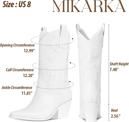Vista 4 de Mikarka Botas vaqueras bordadas de media pantorrilla para mujer, botas vaqueras occidentales con puntera puntiaguda, botines de vaquero con grifos