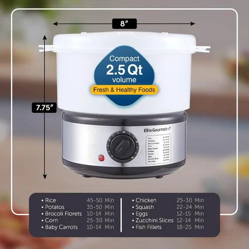 Vista 6 de Elite Gourmet EST250 - Mini vaporizador eléctrico compacto de alimentos y vegetales de 2.5 cuartos, 400 W con bandeja sin BPA, temporizador