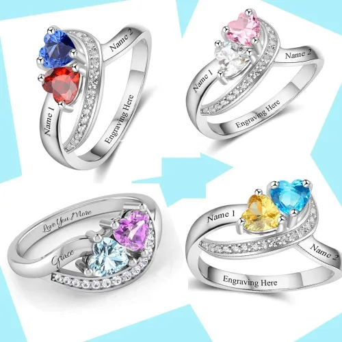 Vista 3 de Diamondido Anillos con nombre personalizado, 2 piedras natales de imitación, anillos de promesa para mujeres, parejas, anillos de compromiso, Piedra