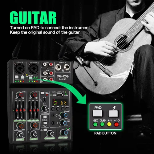 Vista 3 de Mezclador de audio profesional, consola de mezcla de 4 canales con micrófono inalámbrico dual, consola de placa de sonido MP3, Bluetooth, interfaz