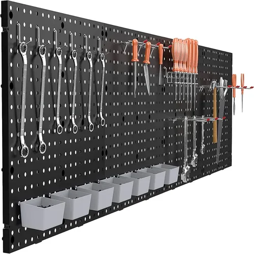 Vista 4 de Pegboard Smith Paneles de plástico negro de 17.75 x 17.75 pulgadas, tablero de clavijas de organización de herramientas de garaje, juego de 4