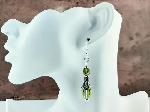 Vista 2 de Fancy Olive Green Beaded Earrings - Nickel Free - Silver Plated Jewelry - Lightweight Drops - Pretty Dangles