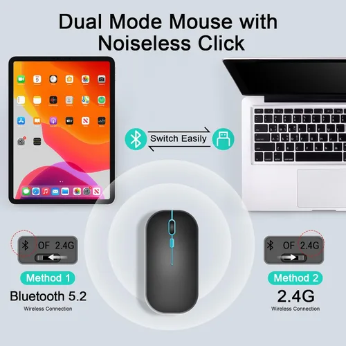 Vista 4 de Combo de teclado y mouse inalámbricos, teclado y mouse Bluetooth recargables con retroiluminación de 7 colores y receptor USB inalámbrico de 2.4