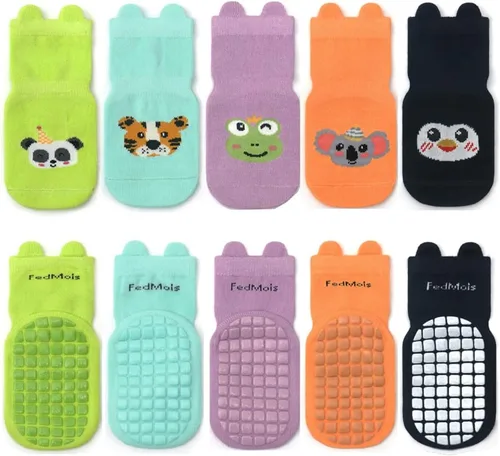 Vista 17 de 5 pares de calcetines antideslizantes de algodón para bebés y niños pequeños con diseño de animales
