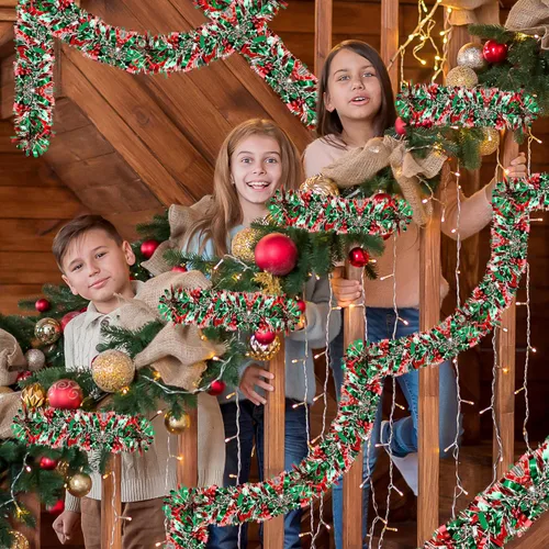 Vista 5 de Guirnalda de oropel de Navidad de 50 pies, guirnalda gruesa de oropel para decoración del árbol de Navidad, guirnalda metálica trenzada de oropel
