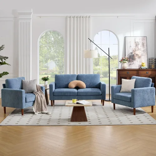 Vista 10 de Kingfun Silla decorativa, sillas de sala de estar, sillón de lectura de chenilla, de mediados de siglo con pie de madera maciza, decoración moderna