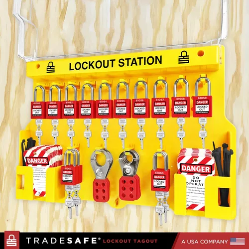 Vista 7 de TRADESAFE Estación de etiquetado de bloqueo con dispositivos Loto - Juego de 14 bloqueos de seguridad, 6 cerrojos, 40 etiquetas de no operación
