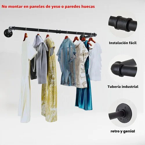 Vista 4 de Perchero industrial de tubería, resistente y desmontable, para colgar en la pared, barra de ropa rústica para ahorrar espacio, barra multiusos