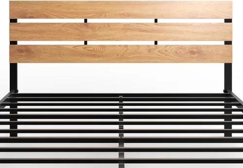 Vista 5 de BONSOIR Base de cama tamaño Queen con plataforma de acero estable con cabecero de madera/estribo, no necesita somier, fácil montaje, sin chirridos
