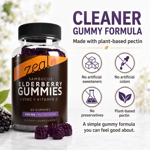 Vista 4 de Zeal Naturals Sambucus Gomitas de saúco + zinc + vitamina C - Suplemento diario para niños y adultos - Gomitas de vitamina fáciles de masticar - 100