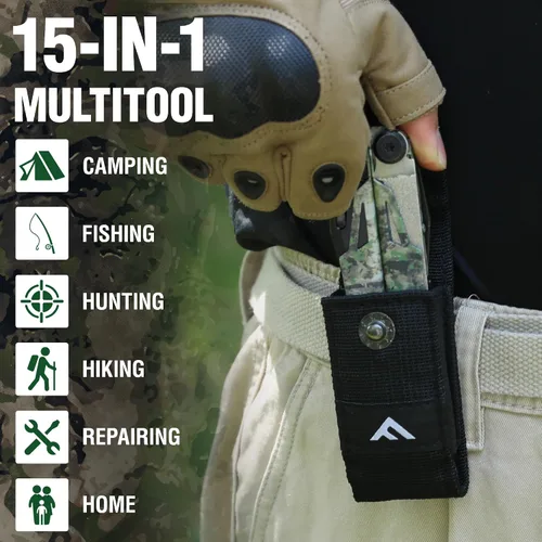 Vista 7 de FLISSA Multiherramienta, cuchillo de bolsillo multiherramienta 15 en 1 con funda, alicates multiherramienta EDC de acero inoxidable para hombres