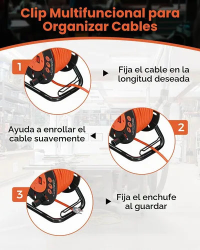 Vista 7 de Carrete de almacenamiento de cable de extensión con 4 tomas con conexión a tierra, carrete de cable abierto resistente para cable de alimentación