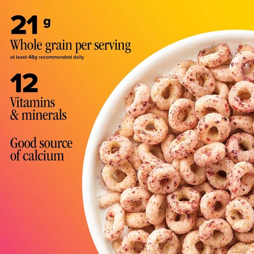 Vista 4 de Cheerios Very Berry, cereales para el desayuno saludables para el corazón sin gluten, hechos con avena integral, tamaño familiar, 18.6 onzas Heart