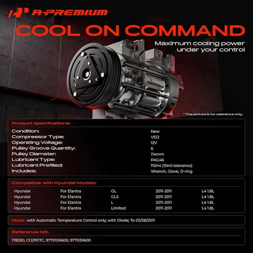 Vista 2 de A-Premium Compresor de aire acondicionado con embrague compatible con Hyundai para Hyundai Elantra 1.8L 2011, con control automático de temperatura