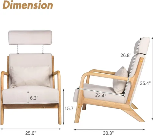 Vista 2 de Silla de sala de estar moderna de mediados de siglo con reposacabezas extensible, sofá individual, silla con marco de madera, silla de lectura