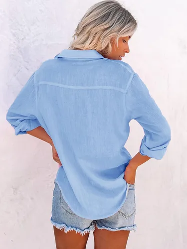 Vista 2 de Paintcolors Camisas de algodón con botones para mujer, de manga larga, cuello en V, estilo casual, color liso, con bolsillos