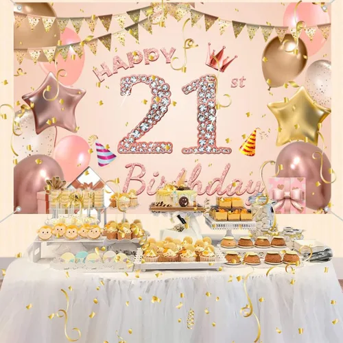 Vista 3 de Cartel de tela con texto en inglés «Happy 21st Birthday» para niñas y jóvenes de 21 años, cartel de tela para fiesta de cumpleaños de mujer joven